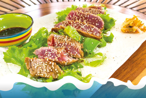 PalmBeach Tropical Restaurant | Santa Maria | Ilha do Sal | Capo Verde | <strong>Oceanic</strong> Tasting Menu | Sliced Marinated Amberjack and Pineapple<br>+ Tuna Tataki