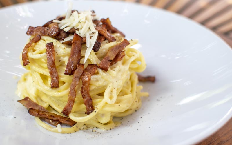 PalmBeach Tropical Restaurant | Carbonara Spaghetti | artisanal fresh pasta with pork cheek, pecorino cheese and eggs