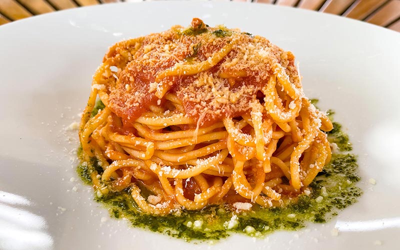 PalmBeach Tropical Restaurant | Spaghetti Tomato and Basil | artisanal fresh pasta with tomato sauce, garlic, onion and basil