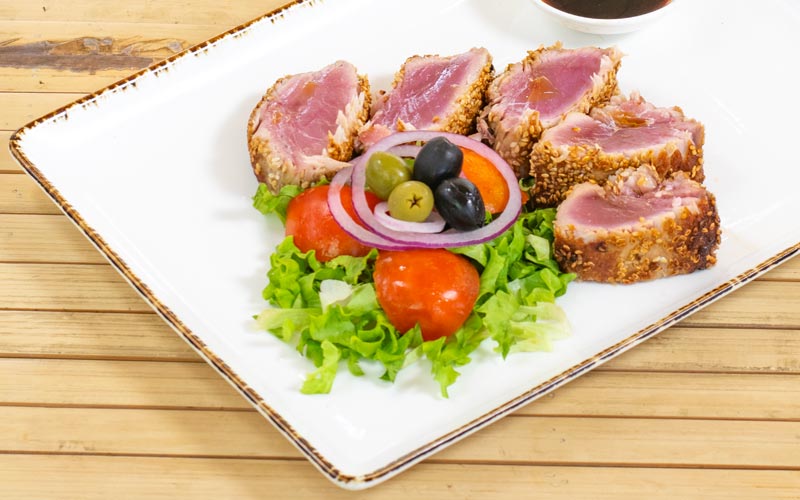 PalmBeach Tropical Restaurant | Tuna Tataki | seared tuna fillet with soy sauce and sesame crust, served with mixed vegetables