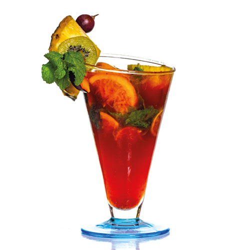 PalmBeach Tropical Restaurant | Palm Illusion | fresh orange, lime and strawberry puré, sugar and fresh mint, disaronno, triple sec, brandy, top with sparkling wine